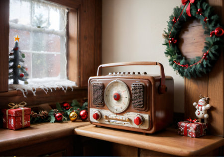 Christmas Carols Playing From A Vintage Radio, In A Cozy Kitchen. Generative AIの素材