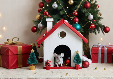 A Christmas-Themed Mouse House In A Children'S Playroom, With Tiny Decorations. Generative AIの素材
