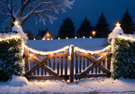 Christmas Lights Draped Over A Snowy Hedge, With A Rustic Gate At Evening. Generative AIの素材