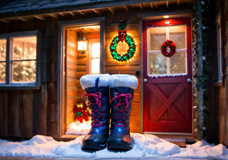 Christmas-Themed Snow Boots Outside A Cabin Door, With Soft Twilight Lighting. Generative AIの素材