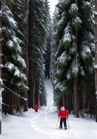 A Christmas Themed Snowshoe Adventure, In A Forest Setting. Generative AIの素材
