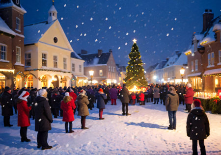 A Christmas Candlelight Vigil In A Town Square, With Soft Snow Falling. Generative AIの素材