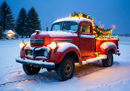 Christmas Lights Wrapped Around A Vintage Truck, In A Snowy Field. Generative AIの素材