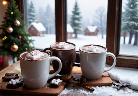 Christmas Mugs Filled With Hot Chocolate, On A Counter With Snowy Window Views. Generative AIの素材