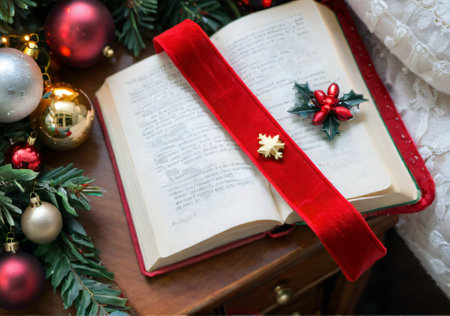 A Christmas-Themed Bookmark In A Classic Holiday Novel, On A Nightstand. Generative AIの素材