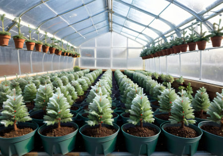 Christmas Tree Seedlings Growing In A Greenhouse, With Frost On The Windows. Generative AIの素材
