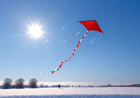 A Christmas-Themed Kite Flying In A Clear Winter Sky, Over A Snowy Field. Generative AIの素材
