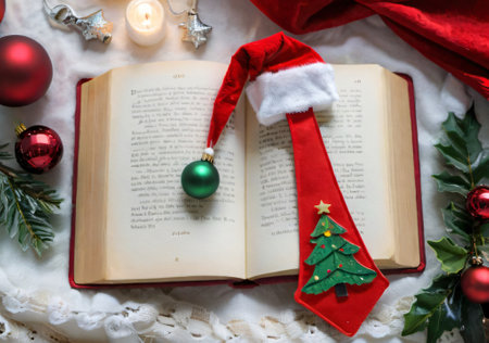 A Christmas-Themed Bookmark In A Classic Holiday Novel, On A Nightstand. Generative AIの素材