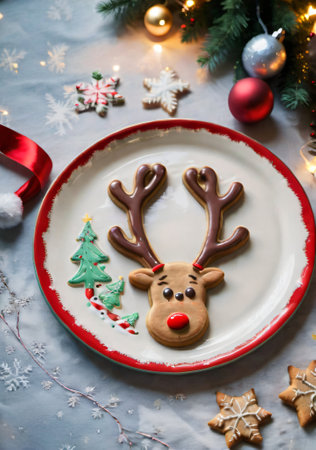 A Christmas Cookie Plate With A Reindeer Design, In Soft Evening Light. Generative AIの素材