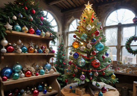 A Christmas Tree Decorated With Hand-Blown Glass Ornaments, In An Artisan'S Workshop. Generative AIの素材