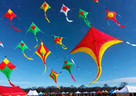 A Christmas-Themed Kite Festival, With Colorful Designs Against A Winter Sky. Generative AIの素材