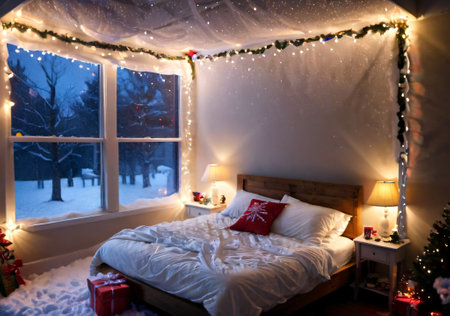 Christmas Lights On A Canopy Bed, With A Snowy Night Outside The Window. Generative AIの素材