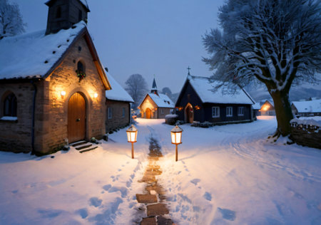 A Christmas Candlelit Path Leading To A Small Chapel, In A Snowy Village. Generative AIの素材