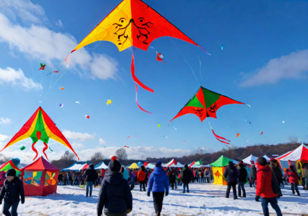 A Christmas-Themed Kite Festival, With Colorful Designs Against A Winter Sky. Generative AIの素材