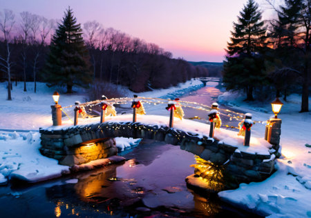 Christmas Lights On A Stone Bridge, Over A Frozen Creek At Dusk. Generative AIの素材