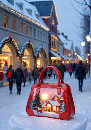 A Christmas-Themed Handbag In A Snowy Shopping Scene, At Dusk. Generative AIの素材