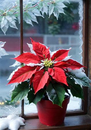 A Christmas Poinsettia In A Window, With Frosty Glass. Generative AIの素材
