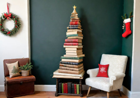 A Christmas Tree Made From Stacked Vintage Books, In A Cozy Reading Corner. Generative AIの素材