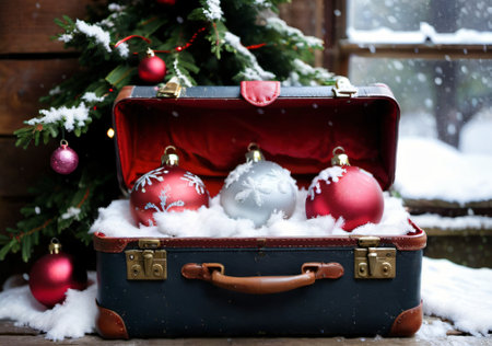 Christmas Baubles In A Vintage Suitcase, With A Backdrop Of A Snowy Attic. Generative AIの素材