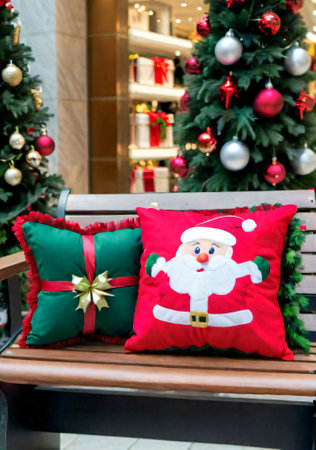A Christmas-Themed Cushion On A Bench, In A Mall With Holiday Decorations. Generative AIの素材