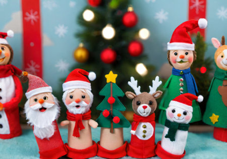 Christmas-Themed Finger Puppets In A Children'S Playroom, With A Festive Backdrop. Generative AIの素材