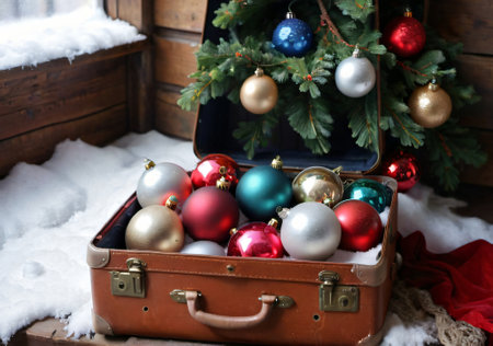 Christmas Baubles In A Vintage Suitcase, With A Backdrop Of A Snowy Attic. Generative AIの素材