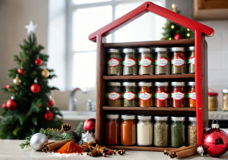 A Christmas-Themed Spice Rack, With Holiday Cooking In The Background. Generative AIの素材