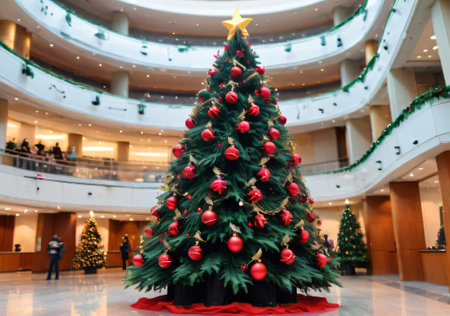 A Christmas Tree With Musical Note Decorations, In A Concert Hall Lobby. Generative AIの素材