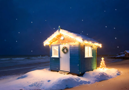 Christmas Lights On A Beach Hut, With A Backdrop Of Snow Instead Of Sand. Generative AIの素材