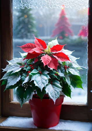 A Christmas Poinsettia In A Window, With Frosty Glass. Generative AIの素材