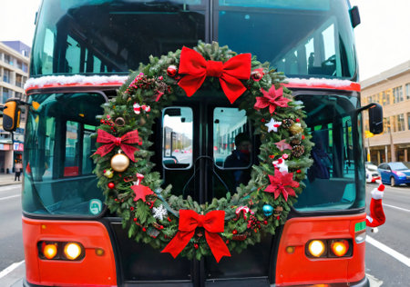A Christmas Wreath On The Front Of A City Bus, Spreading Cheer On The Streets. Generative AIの素材