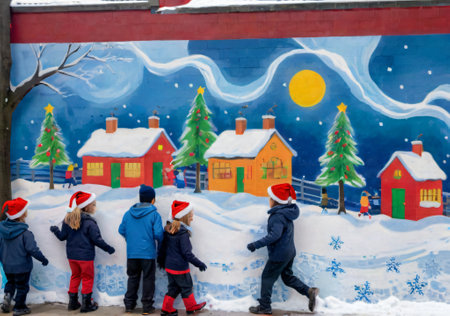 A Christmas-Themed Mural In A Schoolyard, With Children Playing In The Snow. Generative AIの素材