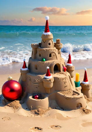 A Christmas-Themed Sandcastle On A Beach, With Holiday Decorations. Generative AIの素材