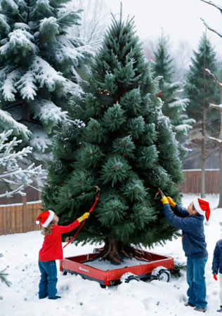 A Christmas Tree Being Trimmed By A Family, In An Outdoor Snowy Setting. Generative AIの素材