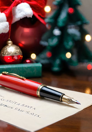 A Christmas-Themed Fountain Pen On A Letter To Santa, In A Study Room. Generative AIの素材