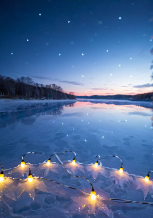 Christmas Lights Reflecting On A Frozen Lake, During The Evening. Generative AIの素材