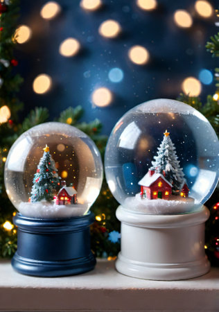 Christmas Snow Globes On A Shelf, With A Twinkling Light Background. Generative AIの素材