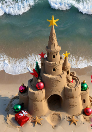 A Christmas-Themed Sandcastle On A Beach, With Holiday Decorations. Generative AIの素材
