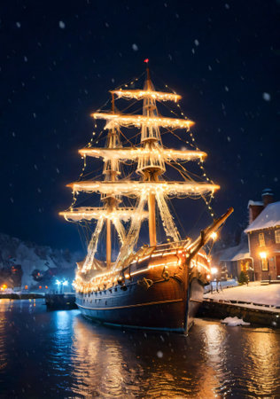 Christmas Lights On A Vintage Sailing Ship, Docked In A Snowy Harbor At Night. Generative AIの素材