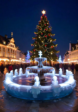 Christmas Lights Around A Frozen Fountain, In A City Square At Night. Generative AIの素材
