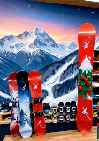 A Christmas-Themed Snowboard In A Winter Sports Shop, With A Mountain Backdrop. Generative AIの素材