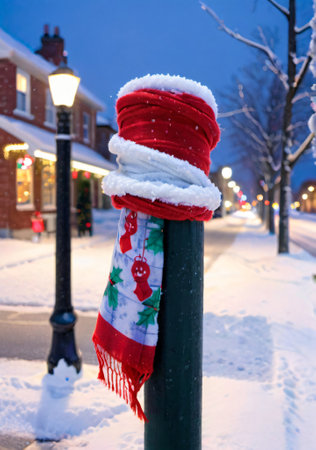 A Christmas Scarf Wrapped Around A Snow-Covered Street Post, At Dusk. Generative AIの素材