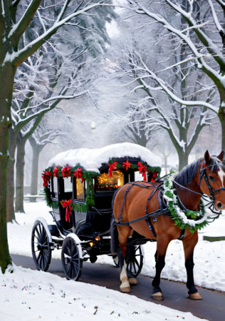 Christmas Garlands On A Horse-Drawn Carriage, In A Snowy Park Setting. Generative AIの素材
