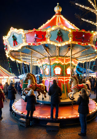 Christmas Lights On A Vintage Merry-Go-Round, In A Festive Market. Generative AIの素材