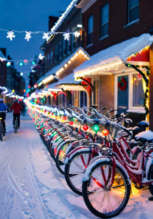 Christmas Lights On A Fleet Of Bicycles, In A Community Ride Through A Snowy City. Generative AIの素材