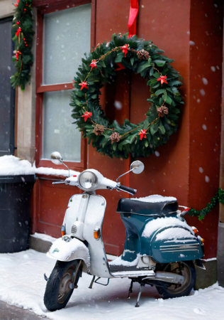 A Christmas Garland On A Vintage Scooter, Parked In A Snowy City Street. Generative AIの素材