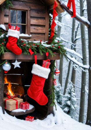 Christmas Stockings Hanging From A Treehouse, In A Winter Forest. Generative AIの素材