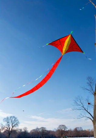 A Christmas-Themed Kite Flying Against A Clear Winter Sky, In A Park. Generative AIの素材