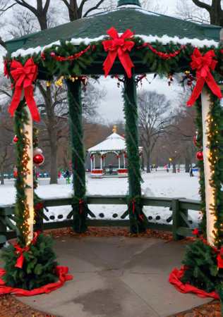 Christmas Garlands Wrapped Around A Gazebo In A Central City Park. Generative AIの素材