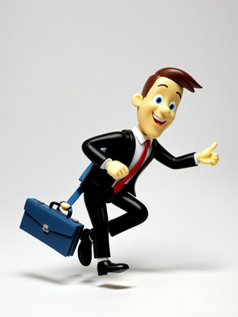 A 3D Toy Cartoon Businessman With Briefcase Running On Growing Arrow On A White Background. Generative AIの素材